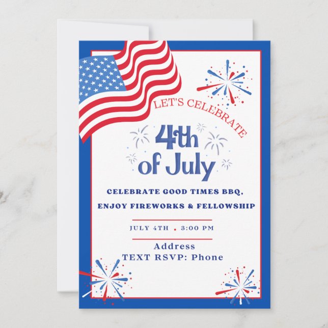 Flag & Fireworks Patriot Party Invitation (Front)
