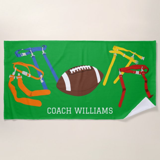 Flag Football Coach Player Personalized Beach Towel (Front)