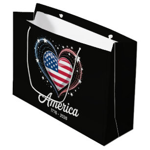 Flag Heart 1776 2026 July 4th 250th Birthday Large Gift Bag