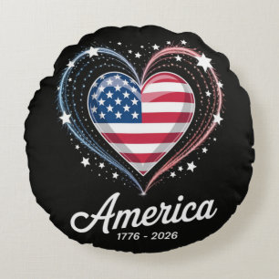 Flag Heart 1776 2026 July 4th 250th Birthday Round Pillow