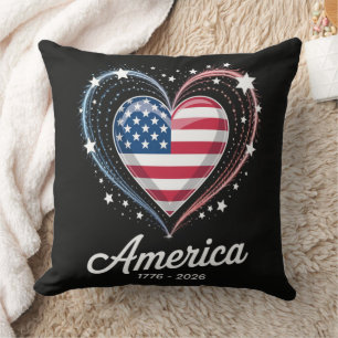 Flag Heart 1776 2026 July 4th 250th Birthday Throw Pillow