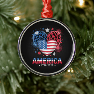 Flag Heart Leopard 1776 2026 July 4th Metal Ornament