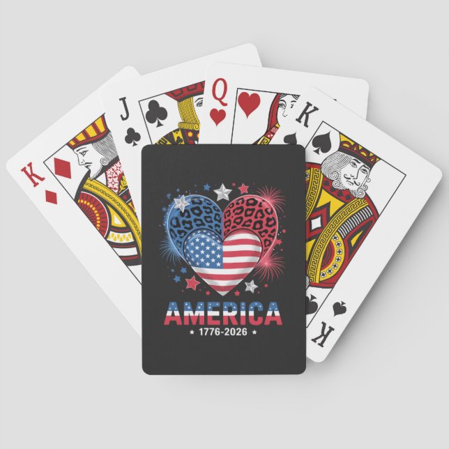 Flag Heart Leopard 1776 2026 July 4th Playing Cards (Back)