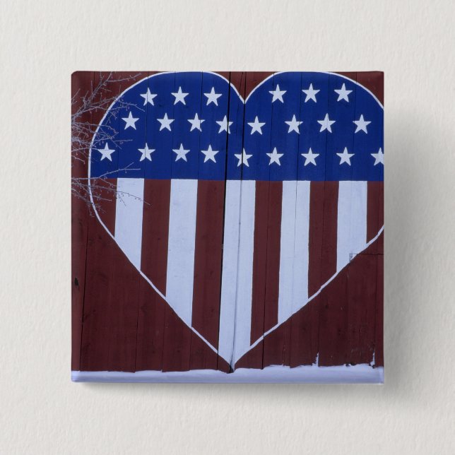 Flag in heart shape painted on barn after 9-11. 2 inch square button (Front)