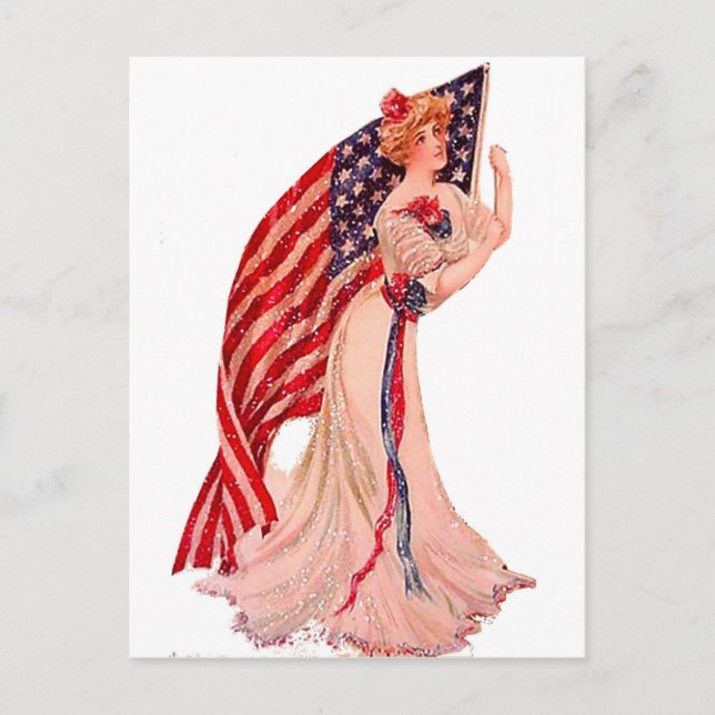 Flag Lady July 4th Vintage Patriotic Postcard Art (Front)