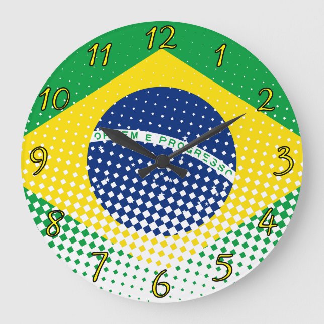 Flag Of Brazil With Halftone Effect Large Clock (Front)