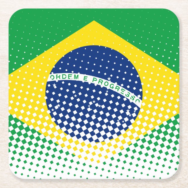 Flag Of Brazil With Halftone Effect Square Paper Coaster (Front)