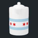 Flag of Chicago, Illinois<br><div class="desc">Teapot with flag of city of Chicago (largest city in Illinois), white and light blue striped flag with four red stars</div>