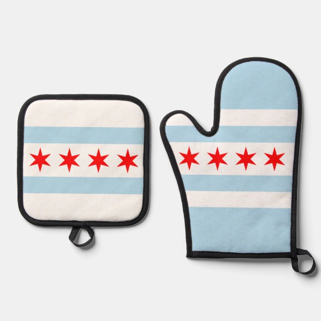 Flag of Chicago, Illinois Beverage Coaster Oven Mitt & Pot Holder Set (Front)