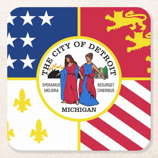 Flag of Detroit, Michigan Square Paper Coaster (Front)