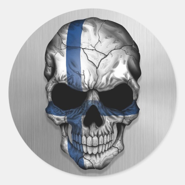 Flag of Finland on a Steel Skull Graphic Classic Round Sticker (Front)