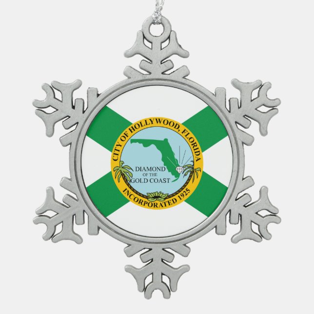 Flag of Hollywood, Florida Snowflake Pewter Christmas Ornament (Front)
