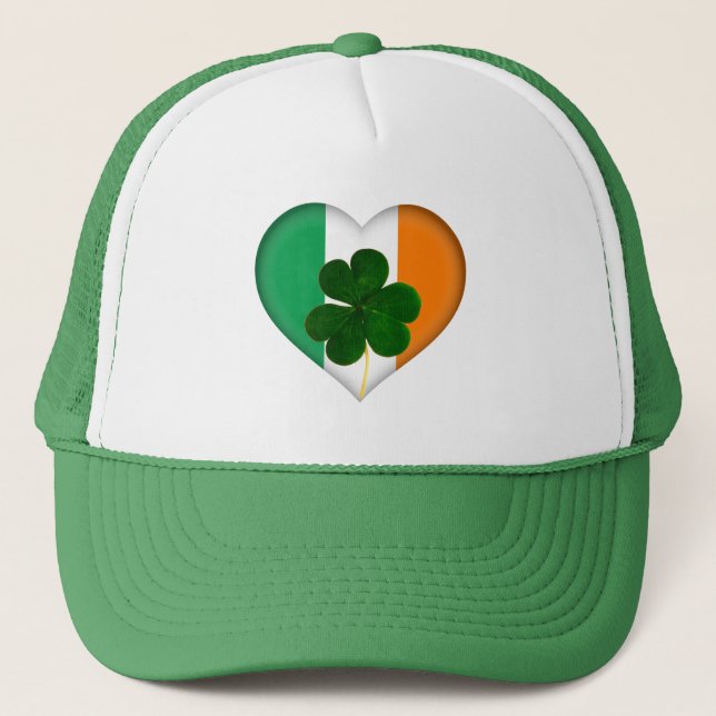 Flag of Ireland Heart Shamrock Clover St. Patrick Trucker Hat (Front)