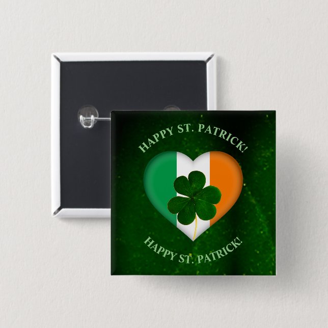 Flag of Ireland Heart with Shamrock St. Patrick 2 Inch Square Button (Front & Back)
