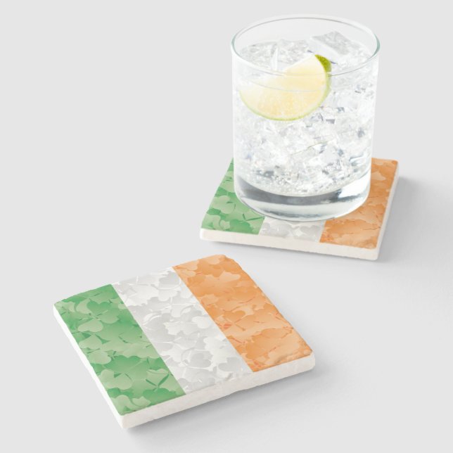 Flag of Ireland with shamrocks pattern Stone Coaster (Side)