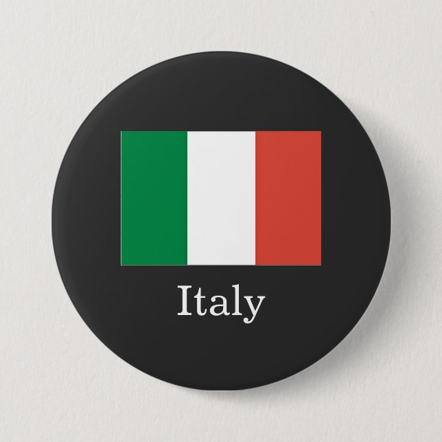Flag of Italy, white text, 3 Inch Round Button (Front)