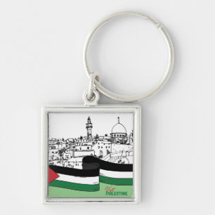 Flag of Palestine and old houses drawn by hand Keychain