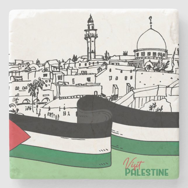 Flag of Palestine and old houses drawn by hand Stone Coaster (Front)