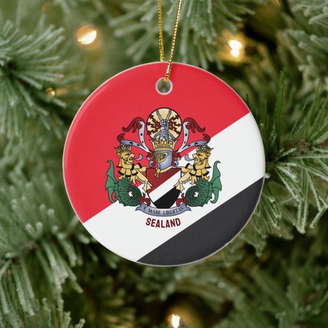 Flag of Sealand, with coat of arms superimposed Ceramic Ornament (Tree)