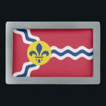 Flag of St. Louis, Missouri Rectangular Belt Buckl Belt Buckle<br><div class="desc">Belt Buckle with flag of city of St. Louis; red flag with white and blue waves and blue fleur-de-lys in yellow circle</div>
