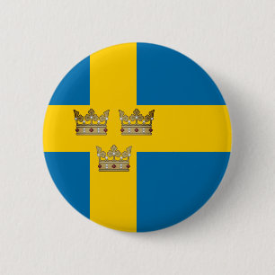 Flag of Sweden with Three Crowns of Sweden added 2 Inch Round Button