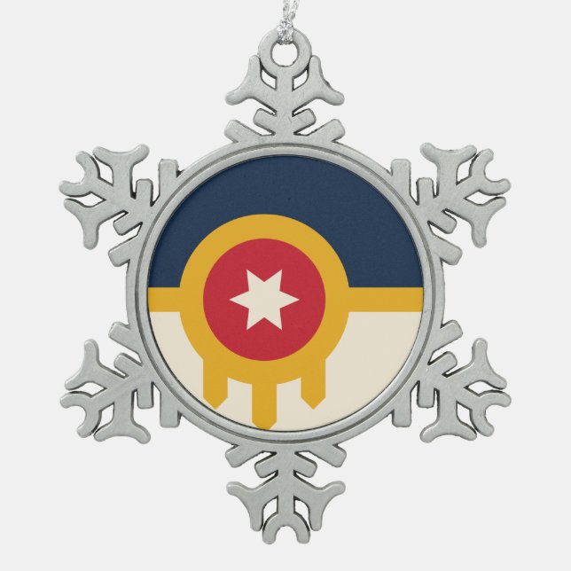 Flag of Tulsa, Oklahoma Snowflake Pewter Christmas Ornament (Front)