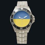 Flag of Ukraine Button Watch<br><div class="desc">The flag of Ukraine is a banner of two equally sized horizontal bands of blue and yellow. The top represents sky and the yellow represents wheat. 
 The National Flag of Ukraine</div>