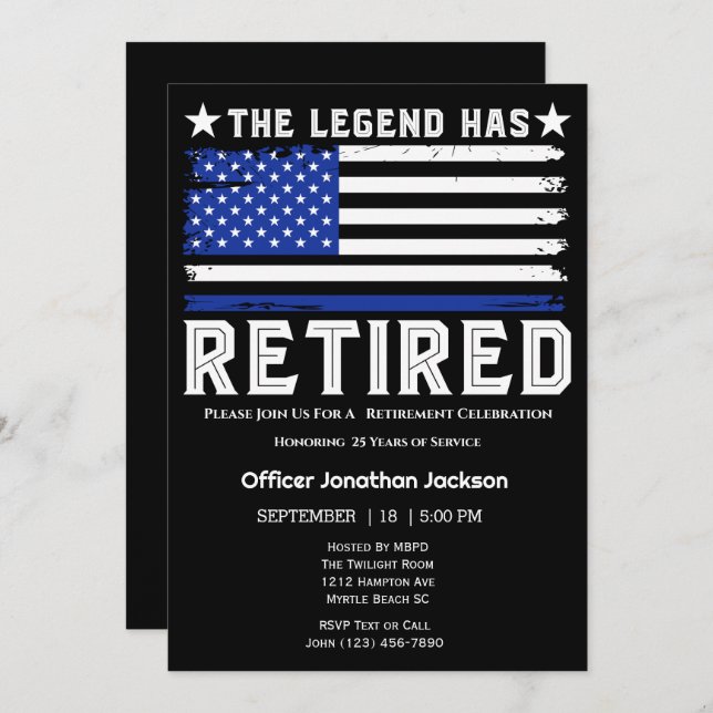 Flag Thin Blue Line Police Officer Retirement   Invitation (Front/Back)