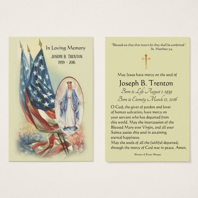 Flag Virgin Mary Funeral Memorial Holy Card (Front & Back)