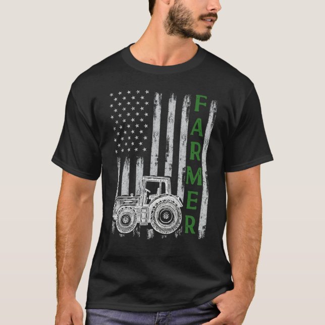 Flag with Tractor  Patriotic Farmer N Farming Trac T-Shirt (Front)