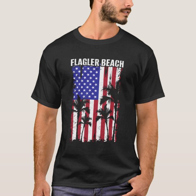 Flagler Beach Patriotic American Flag Palm Trees T-Shirt (Front)