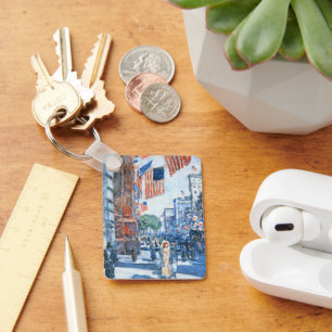 Flags Fifth Avenue by Childe Hassam, Vintage Art Keychain