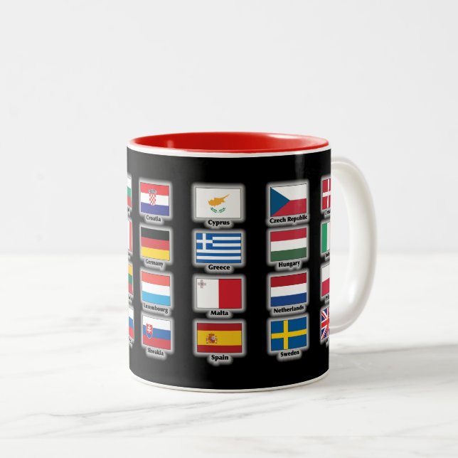 Flags of 28 European Union EU nations - no Brexit Two-Tone Coffee Mug (Front Right)