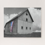 Flags of Our Farmers - Barn with American Flag Jigsaw Puzzle<br><div class="desc">Flags of Our Farmers XVI by James McLoughlin. Black and white photograph of a barn with an American flag.</div>