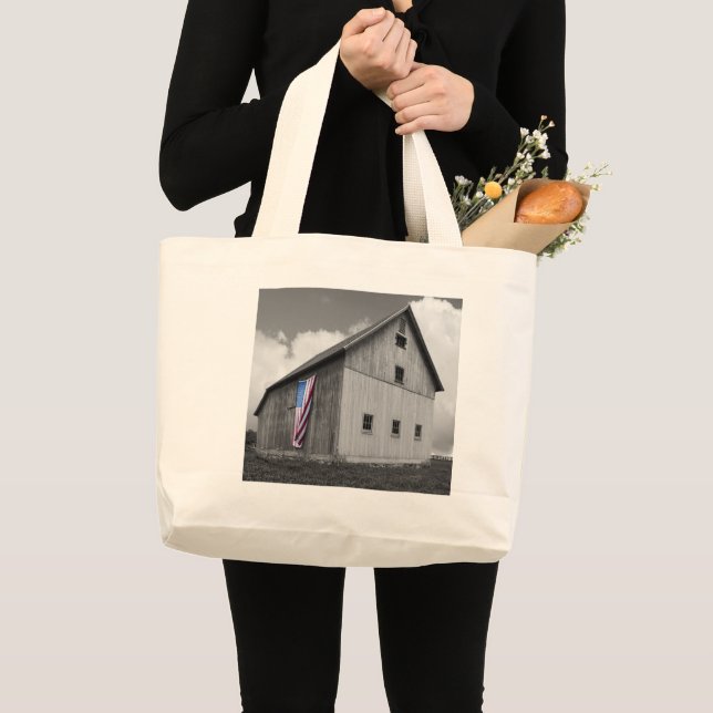 Flags of Our Farmers - Barn with American Flag Large Tote Bag (Front (Product))
