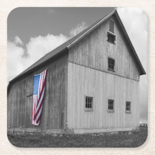 Flags of Our Farmers - Barn with American Flag Square Paper Coaster