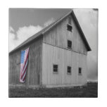 Flags of Our Farmers - Barn with American Flag Tile<br><div class="desc">Flags of Our Farmers XVI by James McLoughlin. Black and white photograph of a barn with an American flag.</div>
