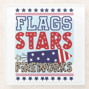 Flags Stars & Fireworks Patriotic US Independence Glass Coaster