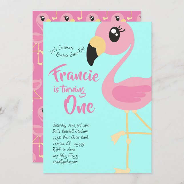 Flamant rose 1er Anniversaire Cute Invitations (Devant / Derrière)