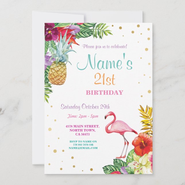 Flamant rose Aloha 21e anniversaire Invitation de  (Devant)