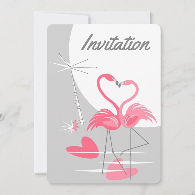 Flamant rose Amour Grande Lune Invitation vertical (Devant)