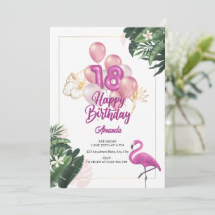 Flamant rose Anniversaire Invitation de fête, 18e 