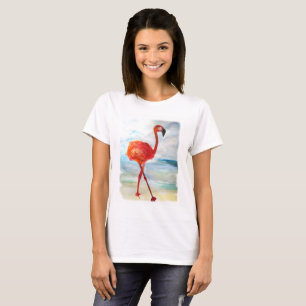 Flamant rose Aquarelle Art T-Shirt de base pour fe