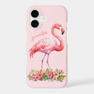 Flamant rose avec fleurs tropicales
