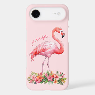 Flamant rose avec fleurs tropicales