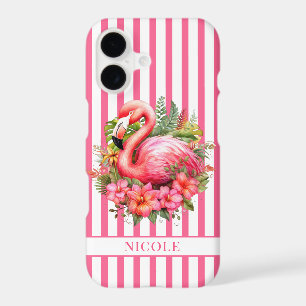Flamant rose avec fleurs tropicales sur rayures