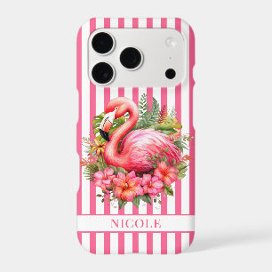 Flamant rose avec fleurs tropicales sur rayures