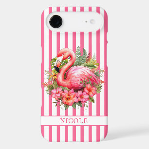 Flamant rose avec fleurs tropicales sur rayures