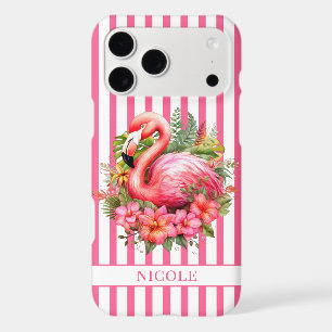 Flamant rose avec fleurs tropicales sur rayures