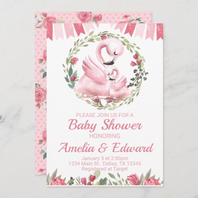 Flamant rose Baby shower Invitation d'invitation (Devant / Derrière)